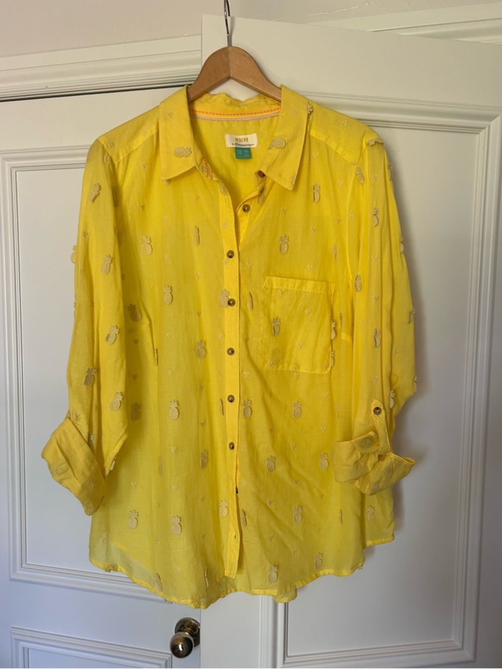 Yellow Pineapple Embroidered Button-Down Shirt